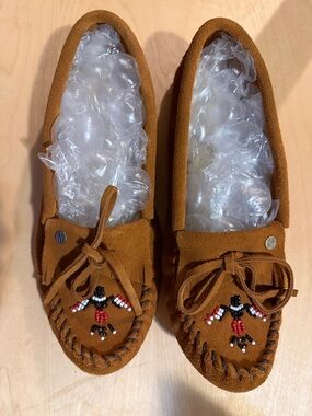 Women Brown Suede Moccasin Shoes with Beaded Detail
